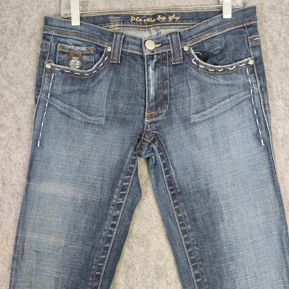 Plastic by GLY Jeans Womens Sz 11 Designer Embroidered Flare Low Rise Jeans Y2K - Picture 3 of 16